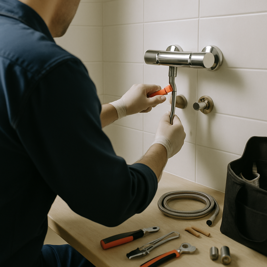 Ein erfahrener Sanitärtechniker in professioneller Arbeitskleidung berät freundlich eine Kundin in einem modernen Badezimmer. Beide schauen gemeinsam auf technische Unterlagen. Die Atmosphäre ist vertrauensvoll und kompetent, mit warmem Licht und hochwertigen Sanitäranlagen im Hintergrund.